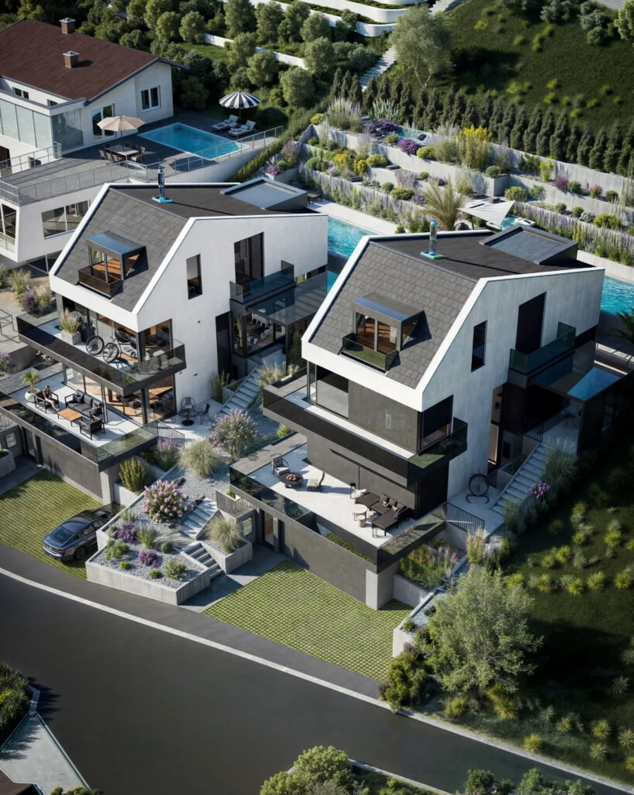 Wizualizacja zespołu budynków jednorodzinnych w Muttenz w Szwajcarii