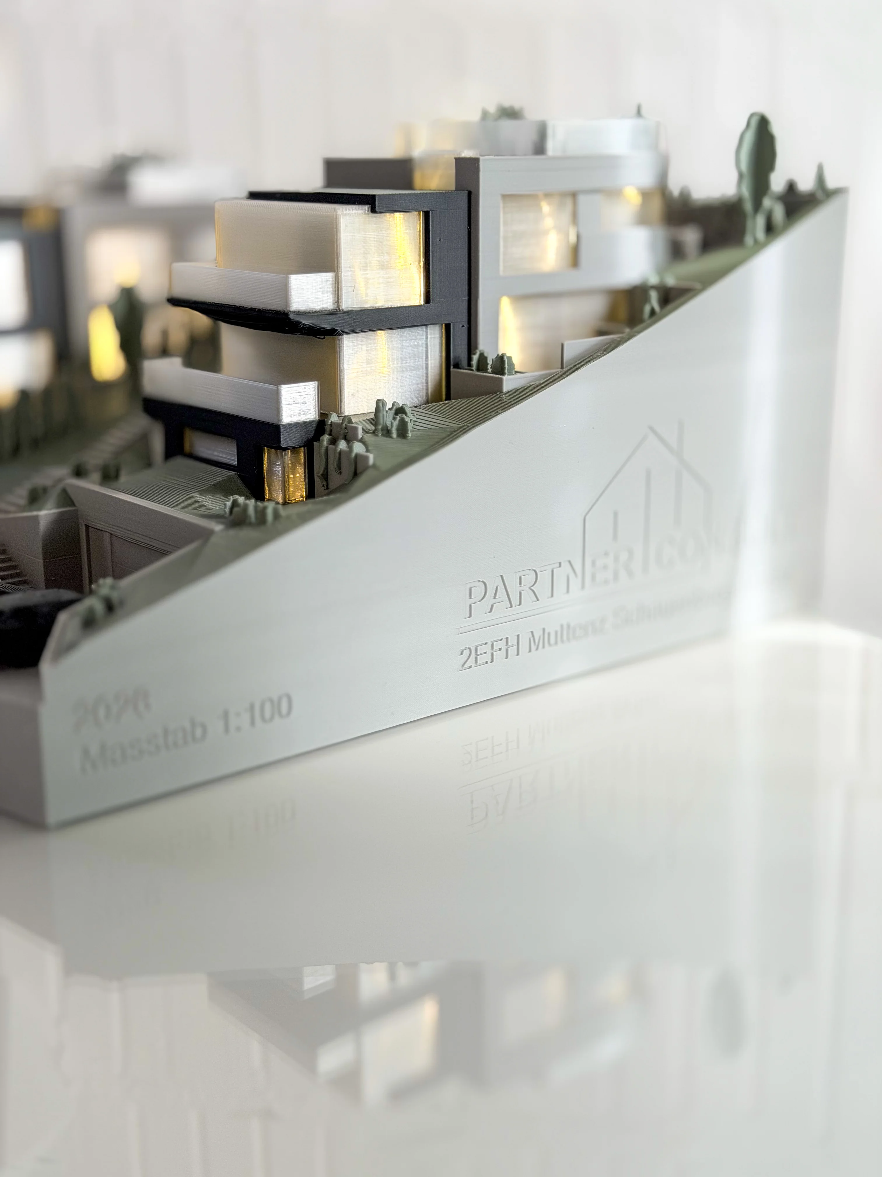 Makieta architektoniczna z druku 3D: detal elewacji z podświetleniem LED