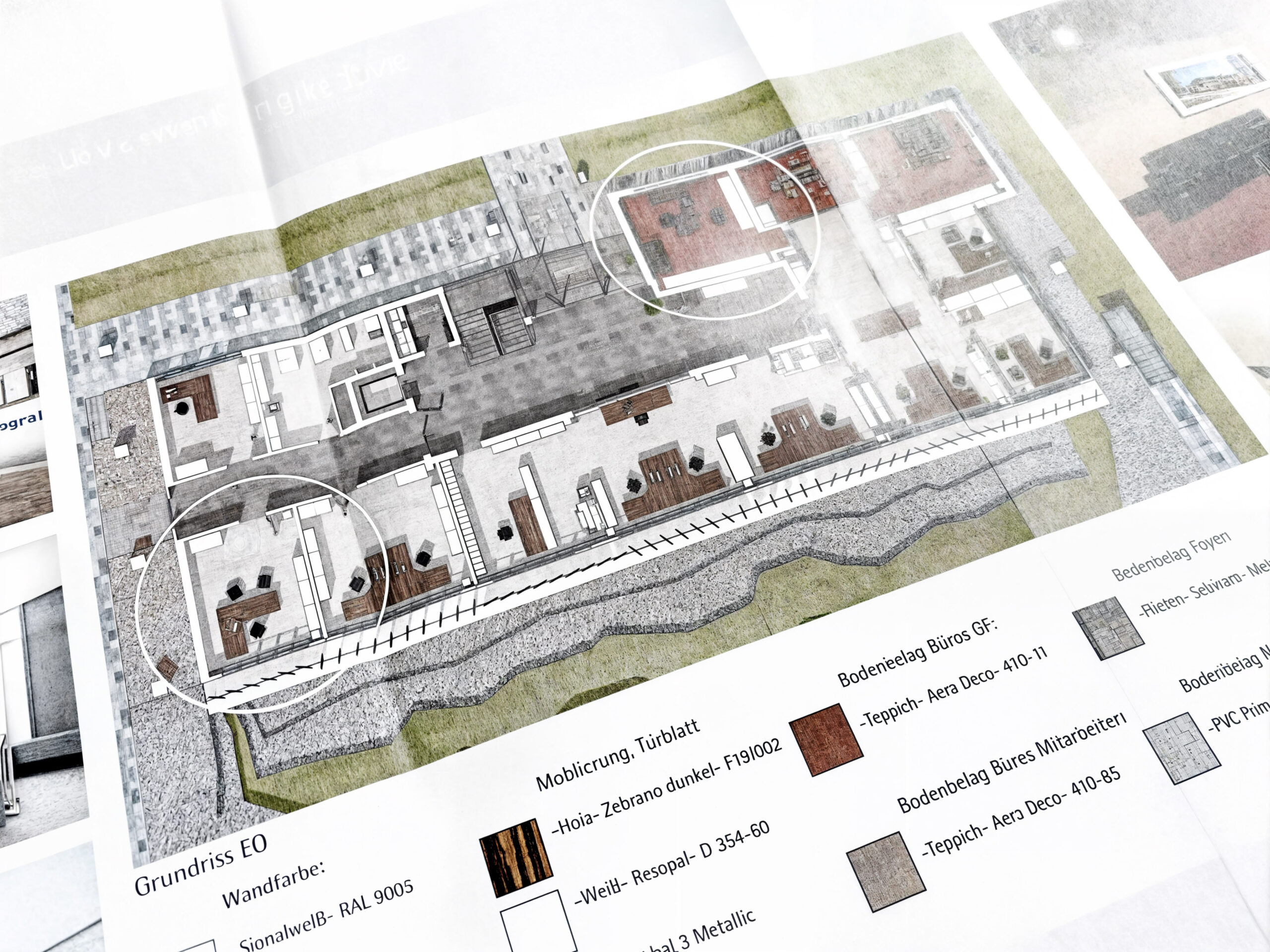 Koncepcja materiałowa projektu architektonicznego przedstawiona w formie wizualizacji rzutu 3D z wykorzystaniem nowoczesnych materiałów budowlanych.